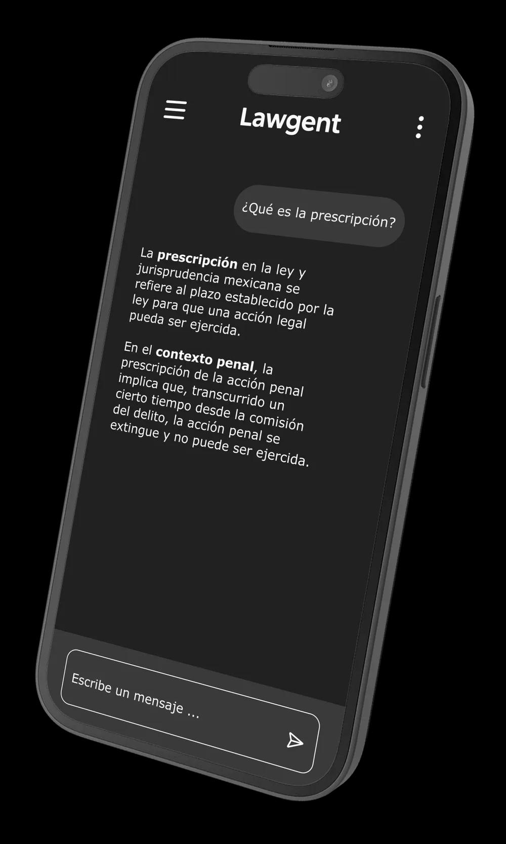 Captura de pantalla del chat legal inteligente de Lawgent en un dispositivo móvil