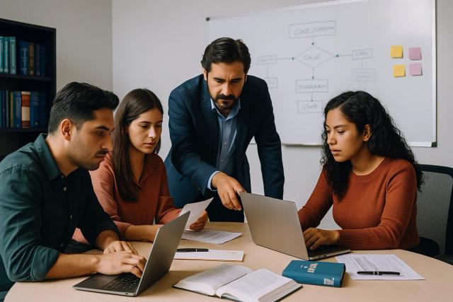 Escritorio con laptops, hojas legales y libro de derecho civil