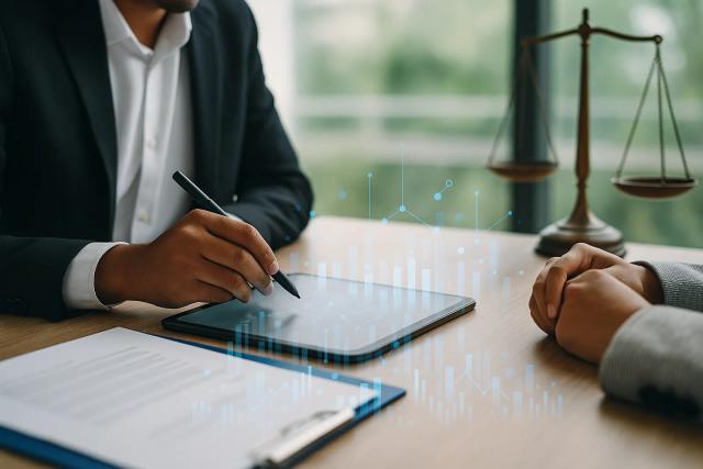 Firma de documentos legales sobre escritorio moderno