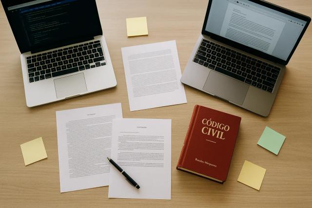 Reunión de equipo legaltech colaborando en laptop